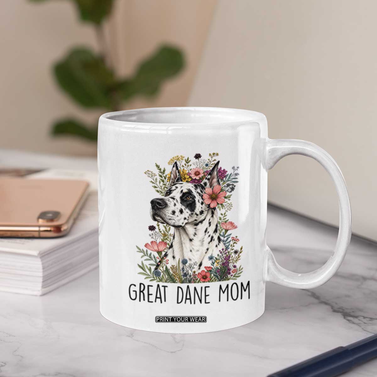 Great Dane Mom Botanical Floral Coffee Mug Harlequin Canine Lover