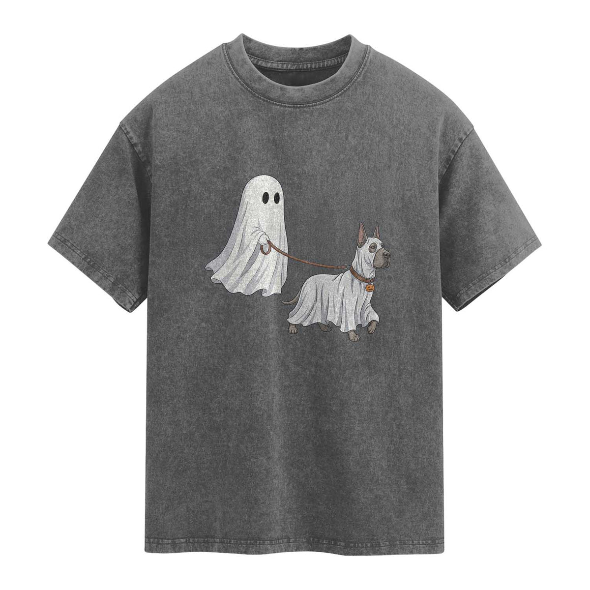 Funny Ghost Walking Great Dane Dog Washed Cotton T-Shirt Halloween Pet Lover Gift