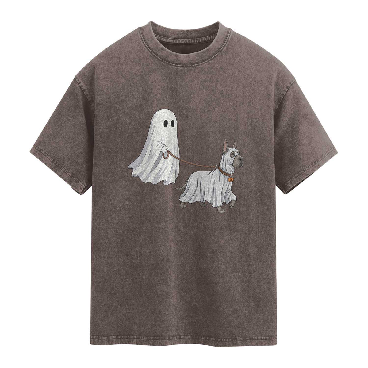 Funny Ghost Walking Great Dane Dog Washed Cotton T-Shirt Halloween Pet Lover Gift