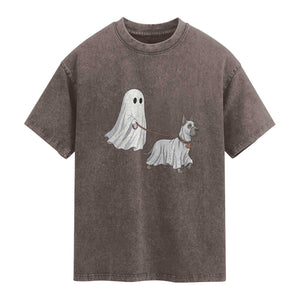 Funny Ghost Walking Great Dane Dog Washed Cotton T-Shirt Halloween Pet Lover Gift