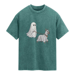 Funny Ghost Walking Great Dane Dog Washed Cotton T-Shirt Halloween Pet Lover Gift