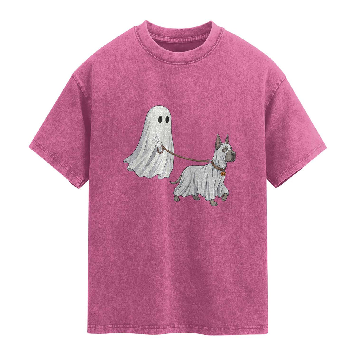 Funny Ghost Walking Great Dane Dog Washed Cotton T-Shirt Halloween Pet Lover Gift