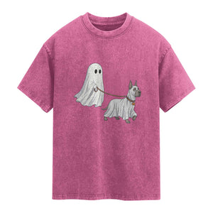 Funny Ghost Walking Great Dane Dog Washed Cotton T-Shirt Halloween Pet Lover Gift