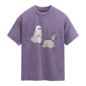 Funny Ghost Walking Great Dane Dog Washed Cotton T-Shirt Halloween Pet Lover Gift