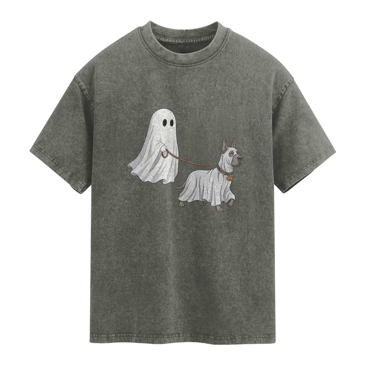 Funny Ghost Walking Great Dane Dog Washed Cotton T-Shirt Halloween Pet Lover Gift