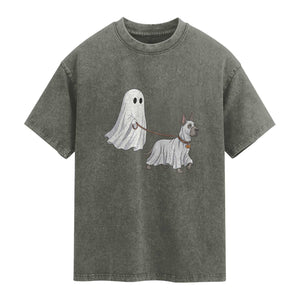 Funny Ghost Walking Great Dane Dog Washed Cotton T-Shirt Halloween Pet Lover Gift