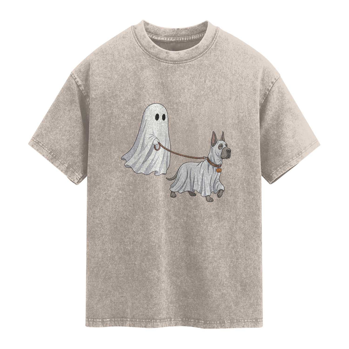 Funny Ghost Walking Great Dane Dog Washed Cotton T-Shirt Halloween Pet Lover Gift