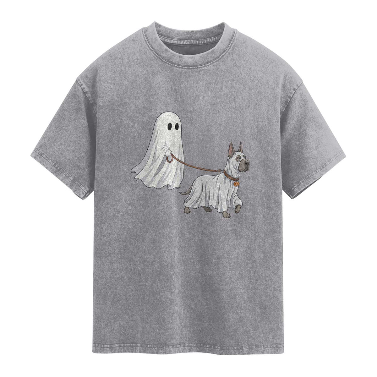 Funny Ghost Walking Great Dane Dog Washed Cotton T-Shirt Halloween Pet Lover Gift