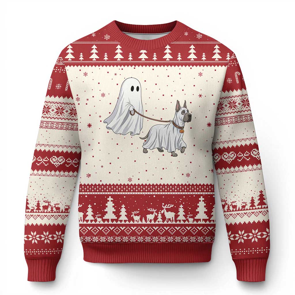 Funny Ghost Walking Great Dane Dog Ugly Christmas Sweater Halloween Pet Lover Gift
