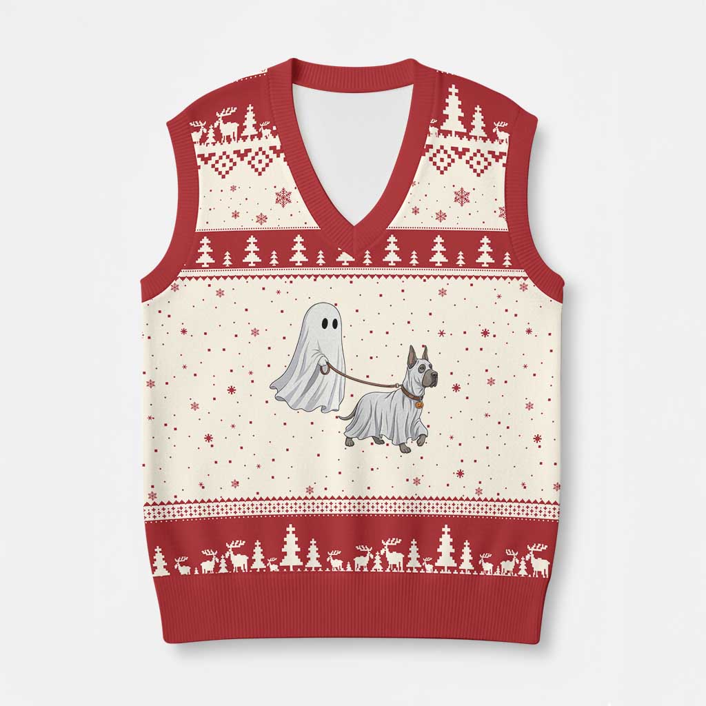 Funny Ghost Walking Great Dane Dog V-Neck Knit Sweater Vest Halloween Pet Lover Gift