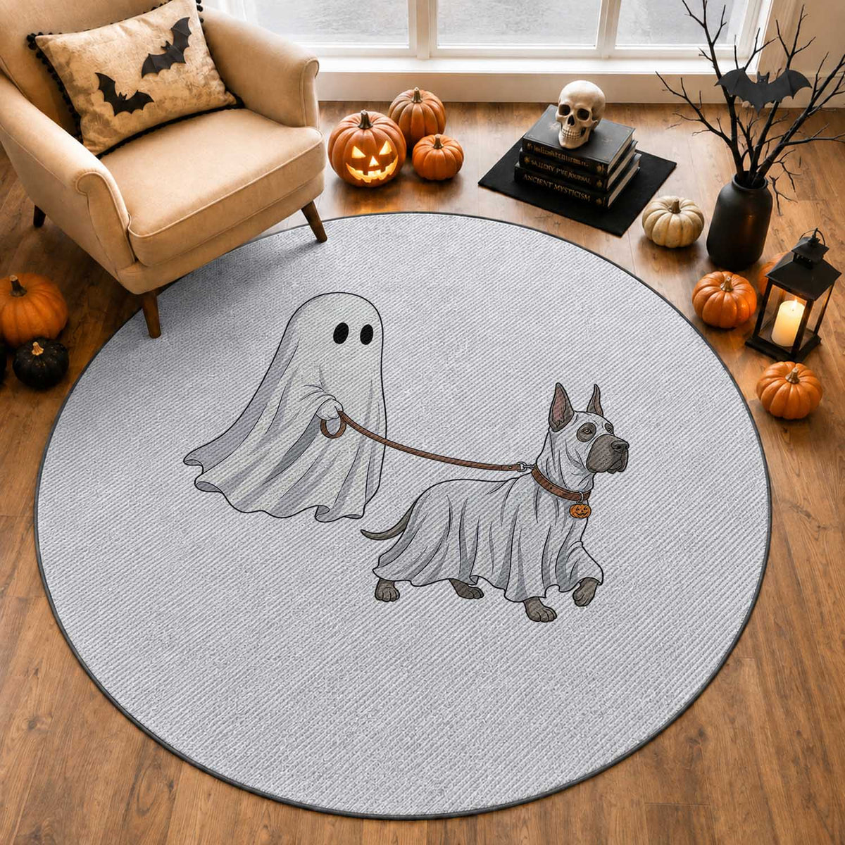 Funny Ghost Walking Great Dane Dog Round Rug Halloween Pet Lover Gift
