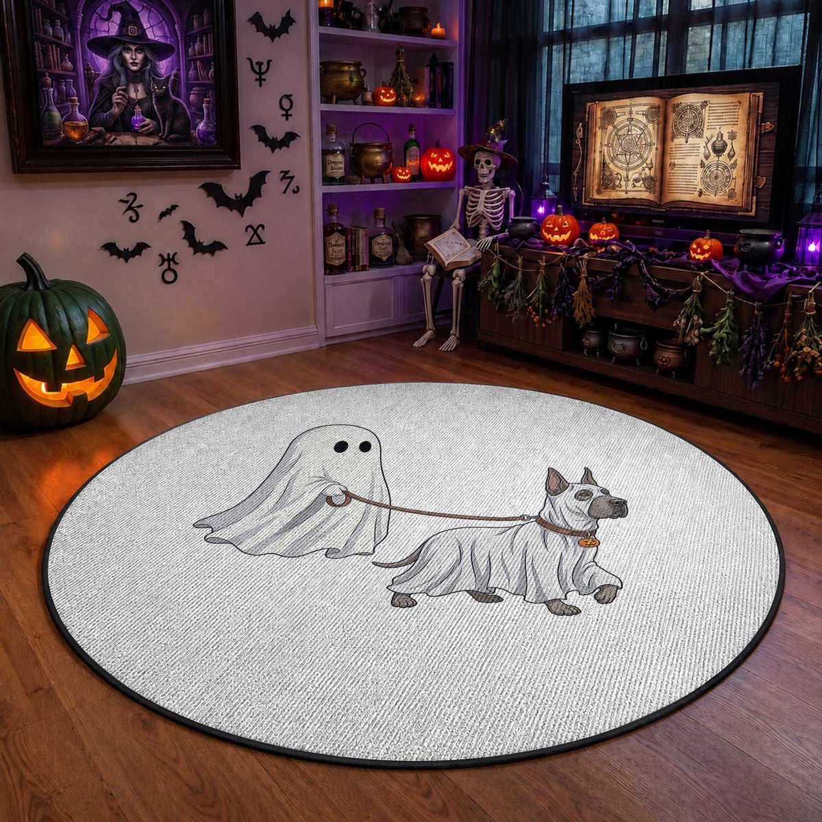 Funny Ghost Walking Great Dane Dog Round Rug Halloween Pet Lover Gift