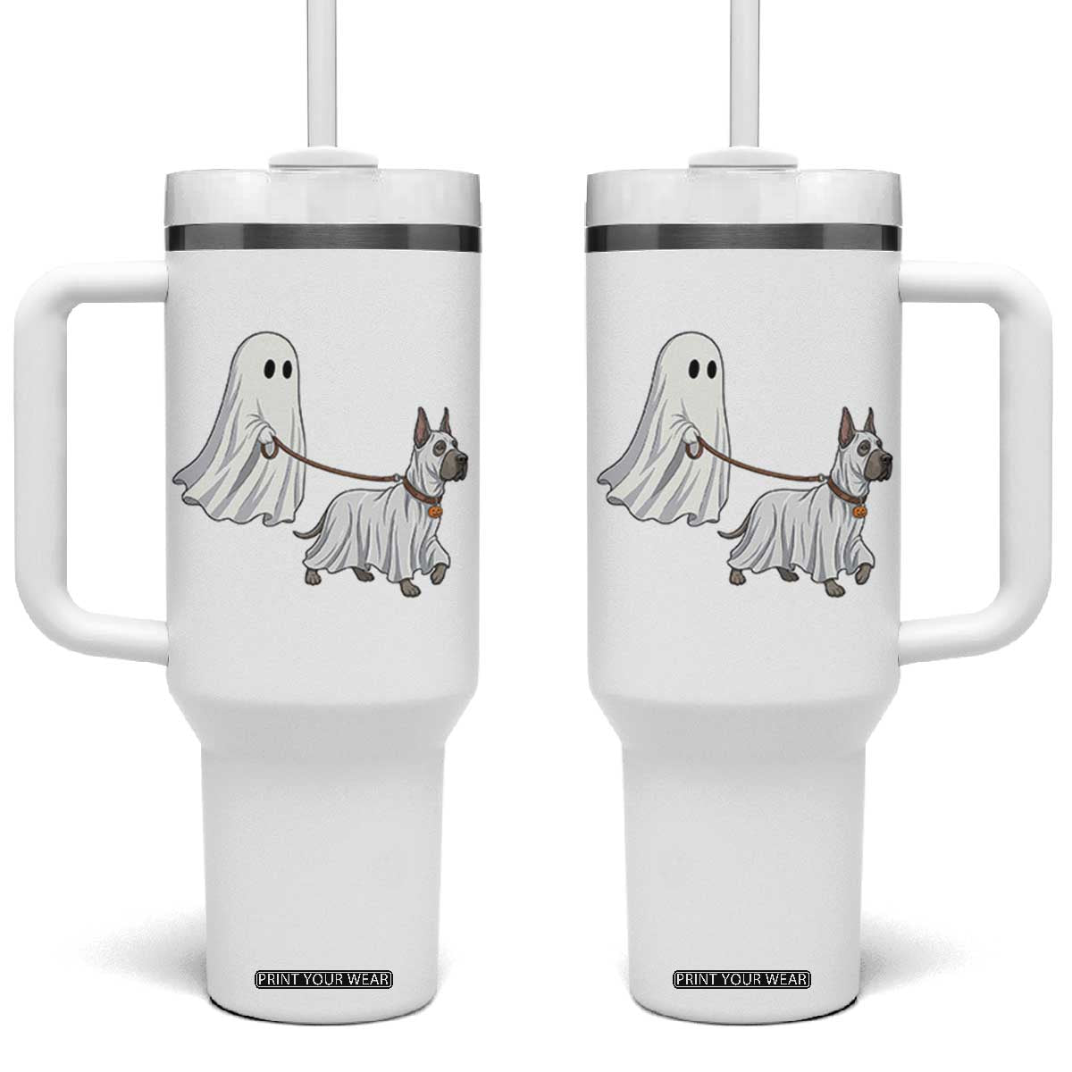 Funny Ghost Walking Great Dane Dog Tumbler With Handle Halloween Pet Lover Gift