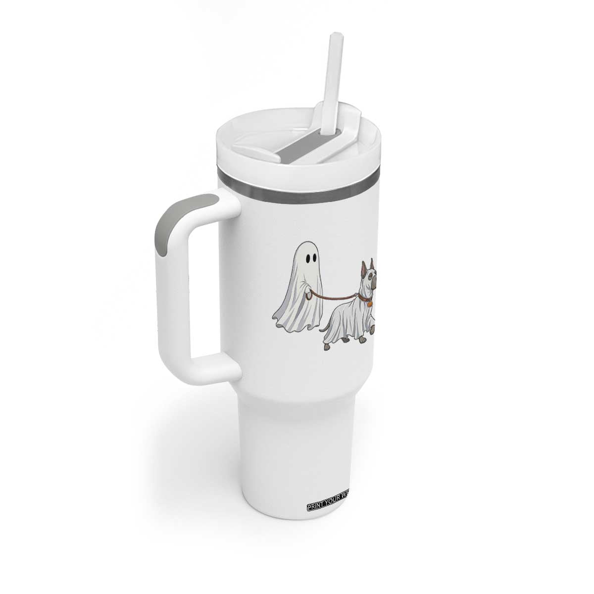 Funny Ghost Walking Great Dane Dog Tumbler With Handle Halloween Pet Lover Gift