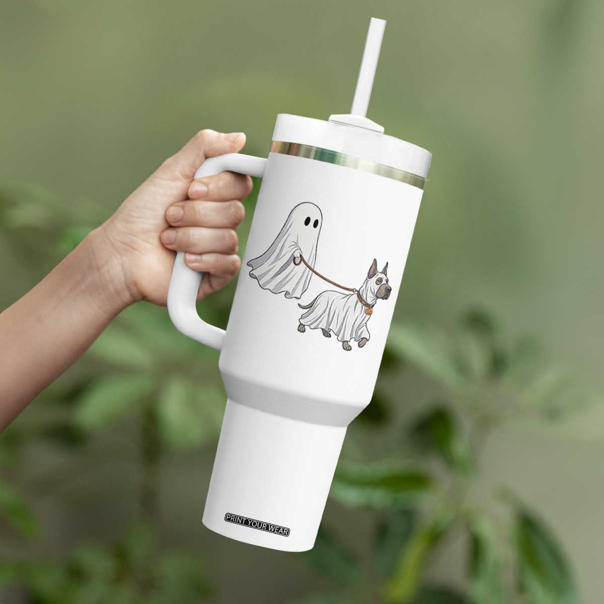 Funny Ghost Walking Great Dane Dog Tumbler With Handle Halloween Pet Lover Gift