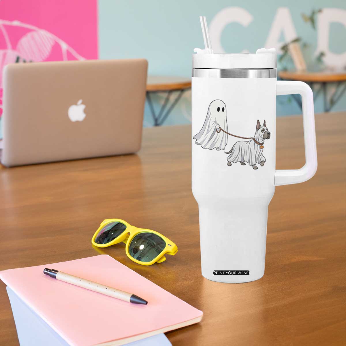 Funny Ghost Walking Great Dane Dog Tumbler With Handle Halloween Pet Lover Gift