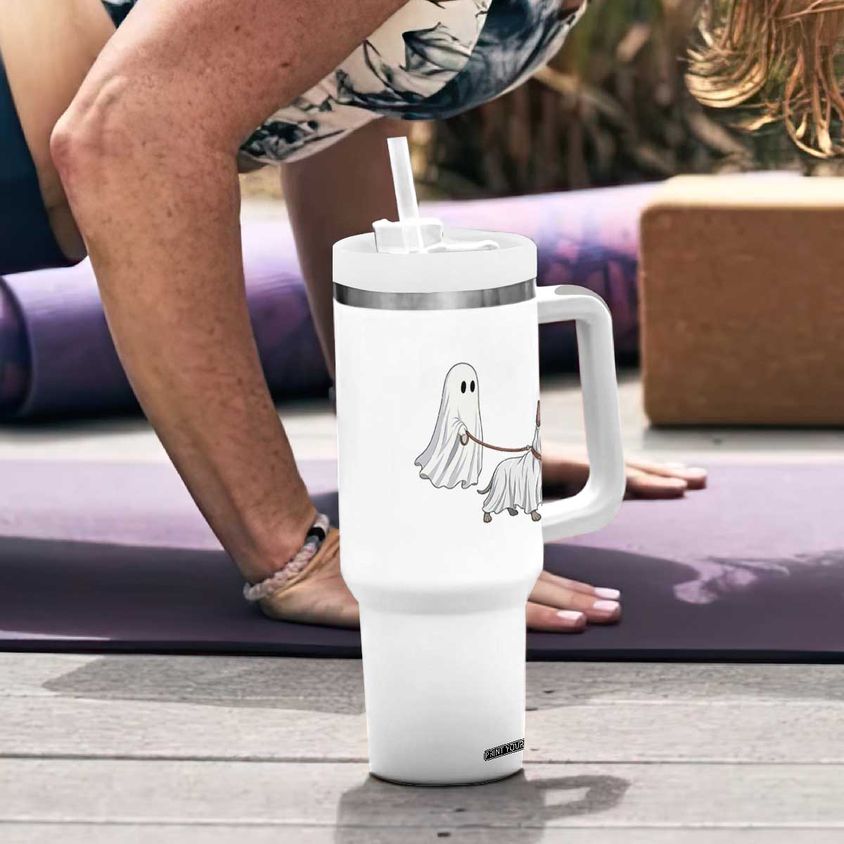 Funny Ghost Walking Great Dane Dog Tumbler With Handle Halloween Pet Lover Gift