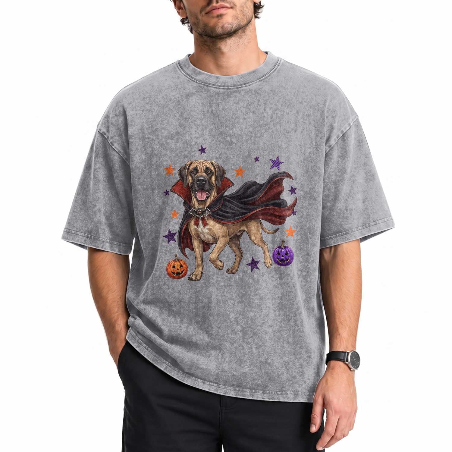 Cute Halloween Great Dane Dog Pumpkin Ghost and Witch T-Shirt Washed Cotton T-Shirt