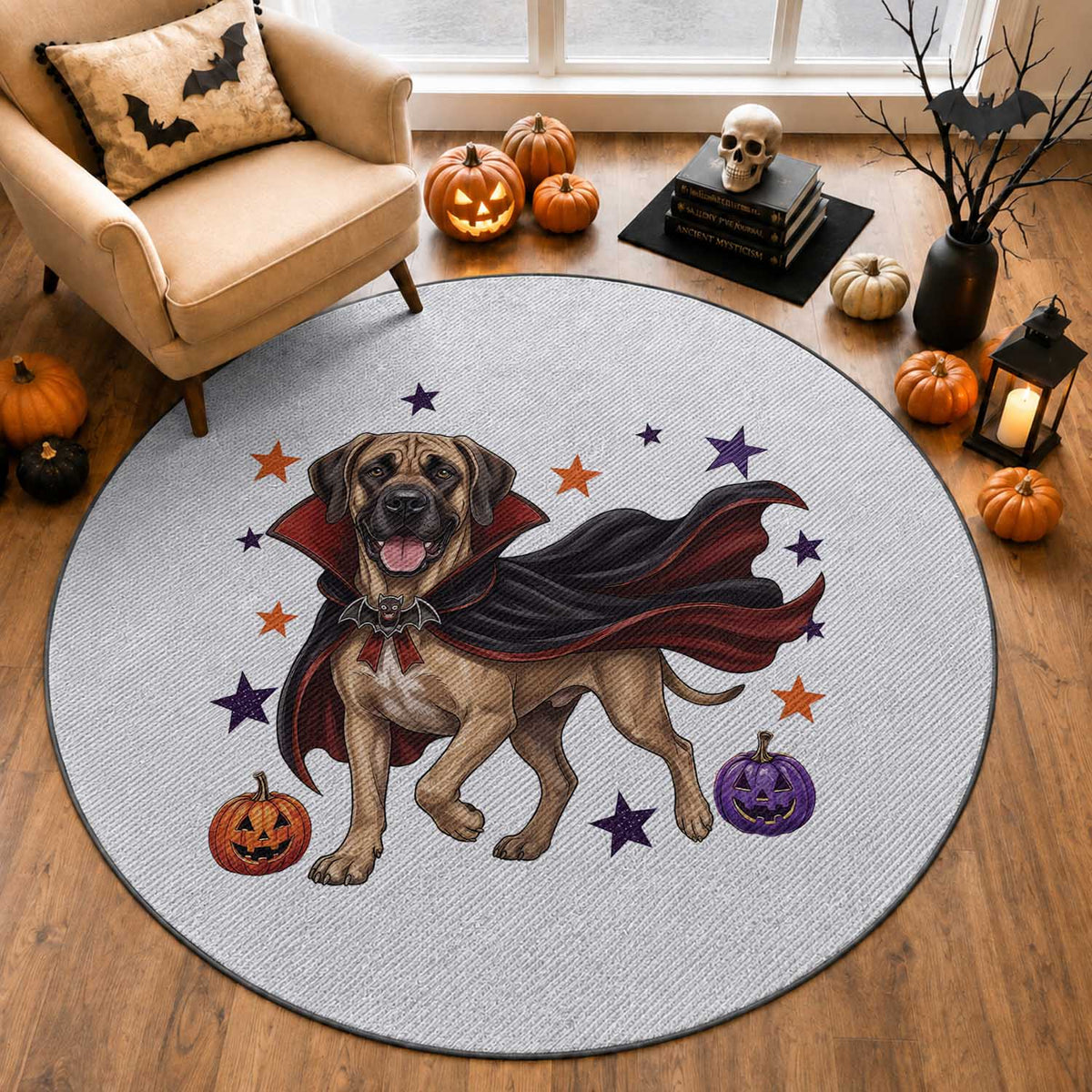 Cute Halloween Great Dane Dog Pumpkin Ghost and Witch T-Shirt Round Rug