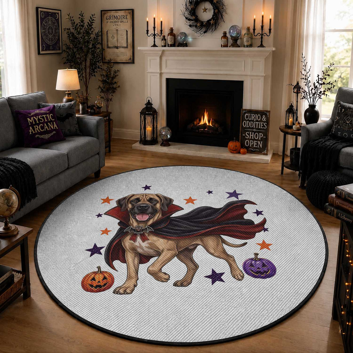 Cute Halloween Great Dane Dog Pumpkin Ghost and Witch T-Shirt Round Rug