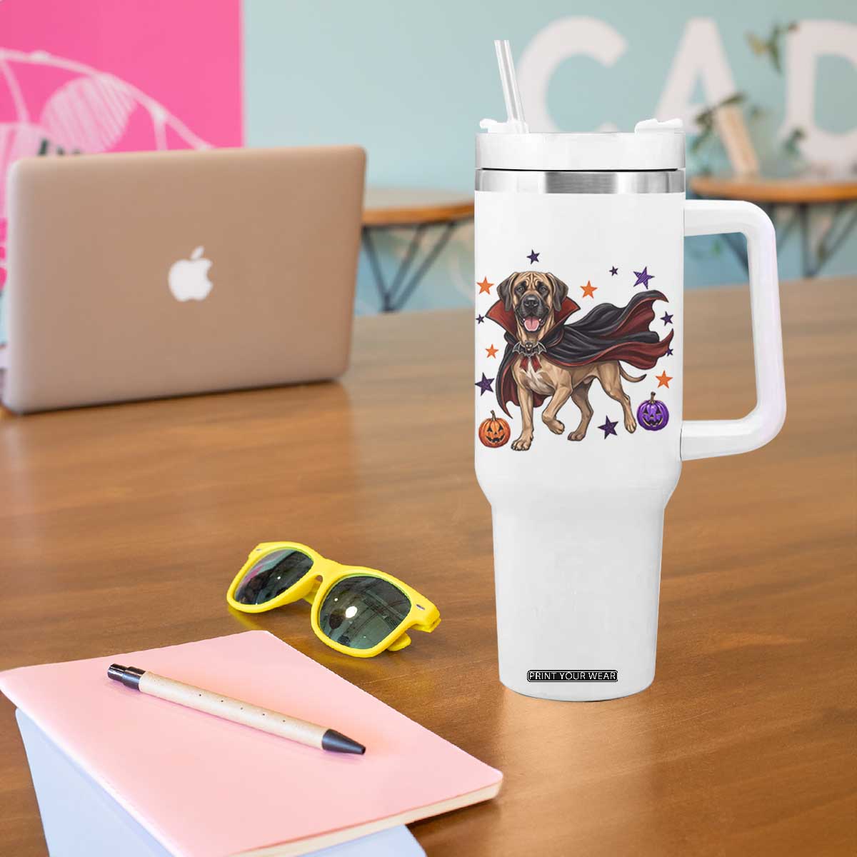 Cute Halloween Great Dane Dog Pumpkin Ghost and Witch T-Shirt Tumbler With Handle