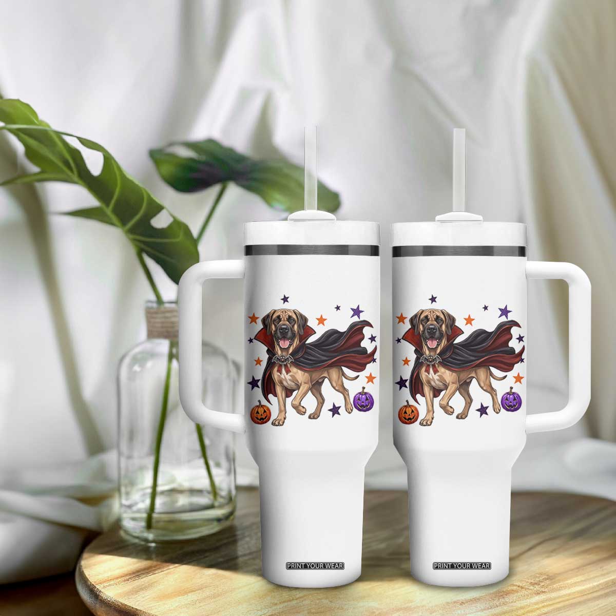 Cute Halloween Great Dane Dog Pumpkin Ghost and Witch T-Shirt Tumbler With Handle