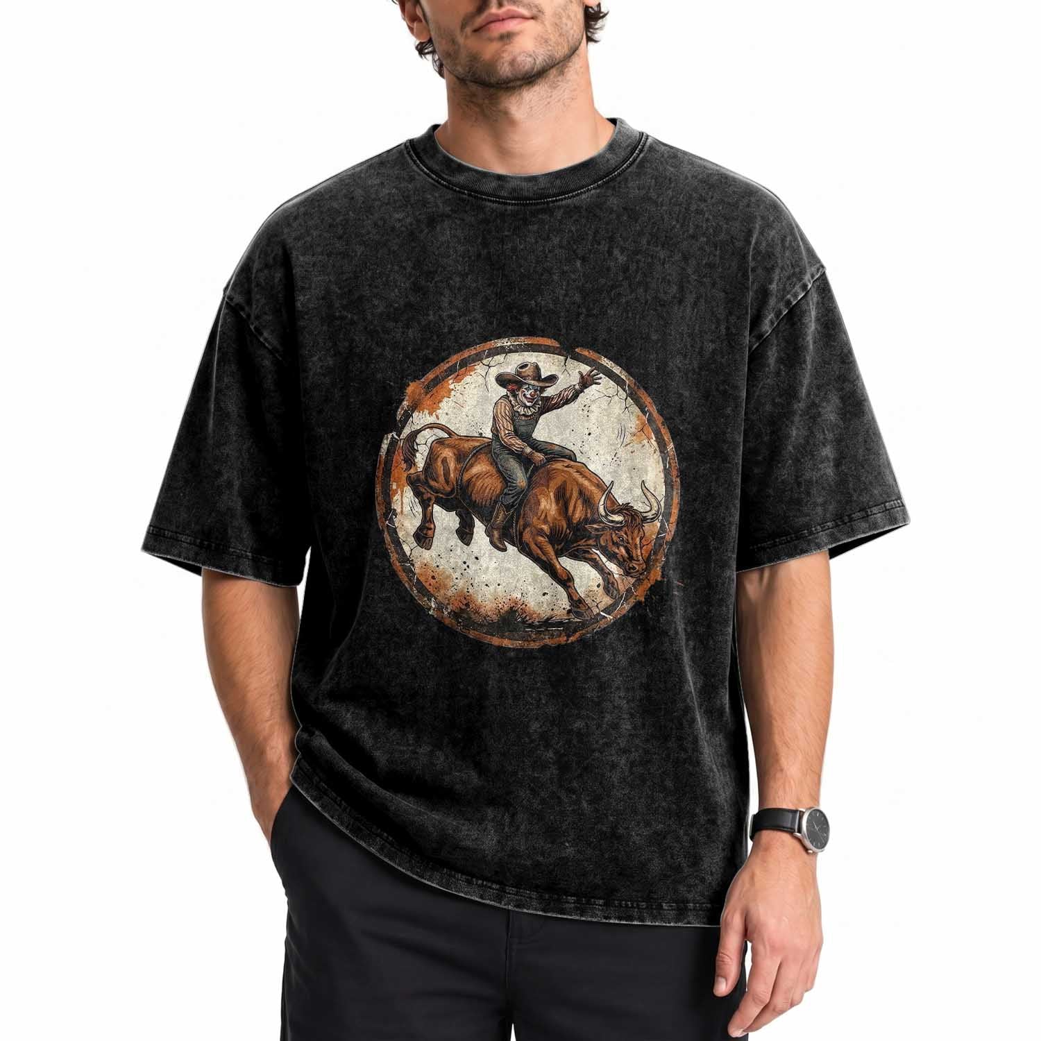 Funny Rodeo Clown Bull Riding Washed Cotton T-Shirt Western Rodeo Fighter Gift