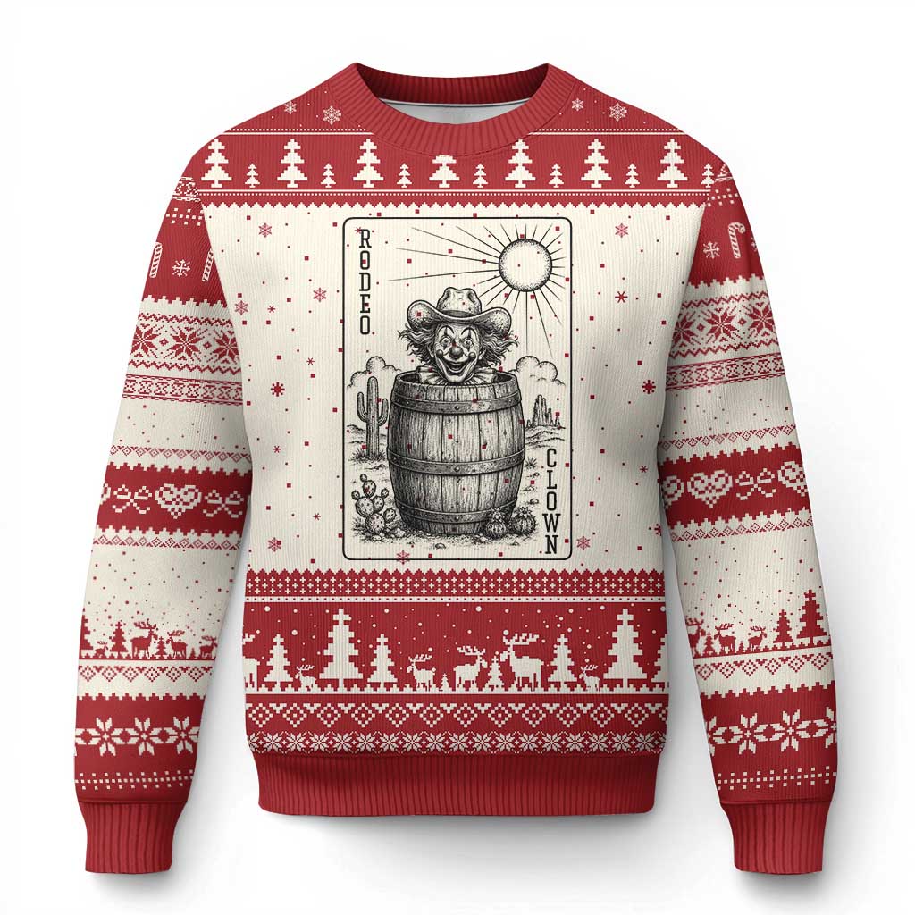 Funny Rodeo Clown In Barrel Ugly Christmas Sweater Western Playing Card Rodeo Gift