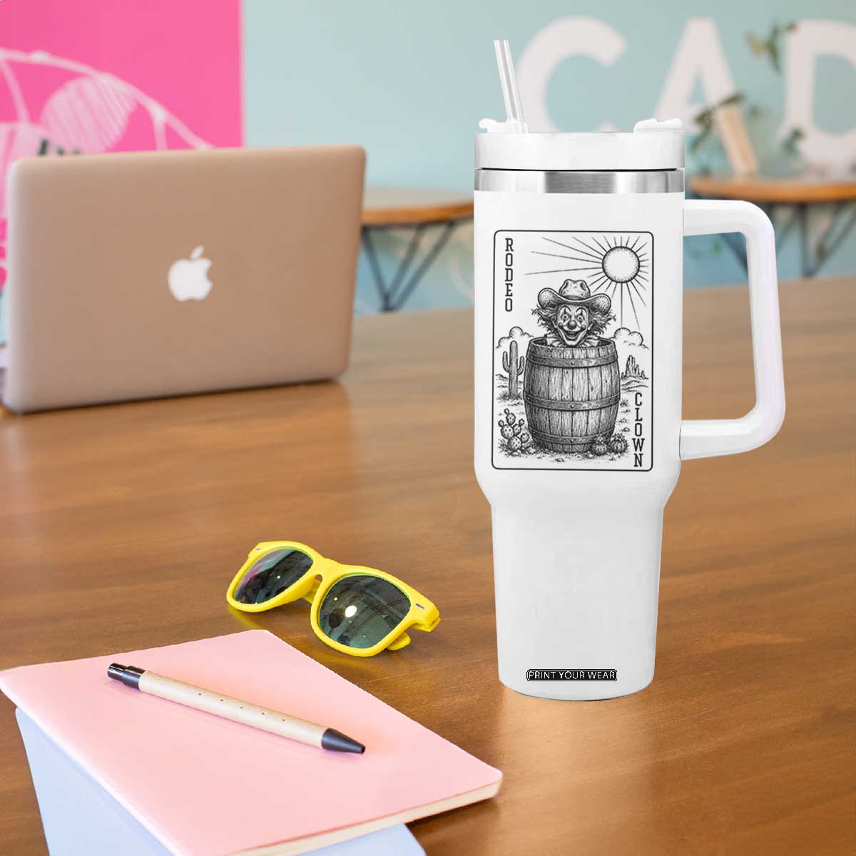 Funny Rodeo Clown In Barrel Tumbler With Handle Western Playing Card Rodeo Gift
