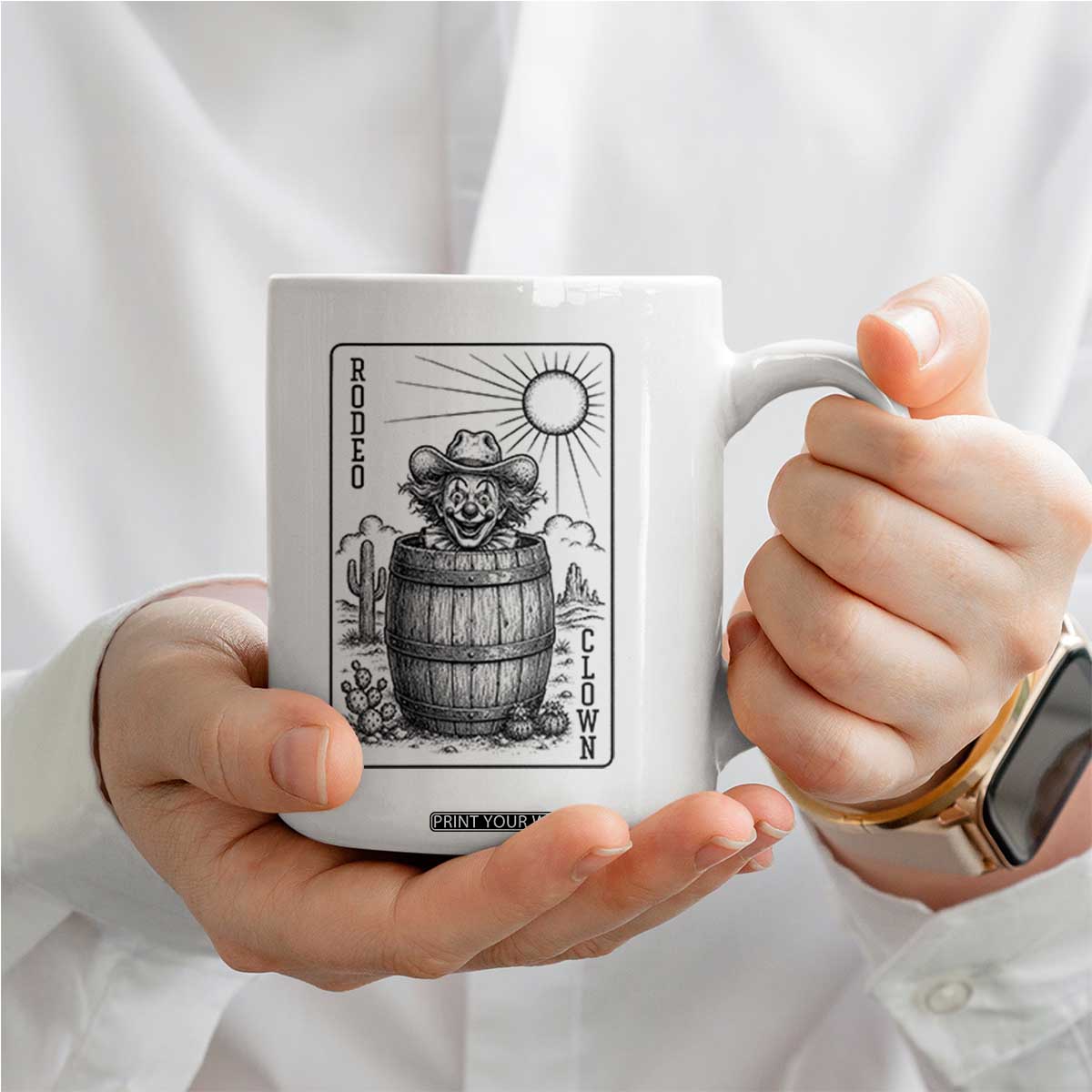 Funny Rodeo Clown In Barrel Coffee Mug Western Playing Card Rodeo Gift