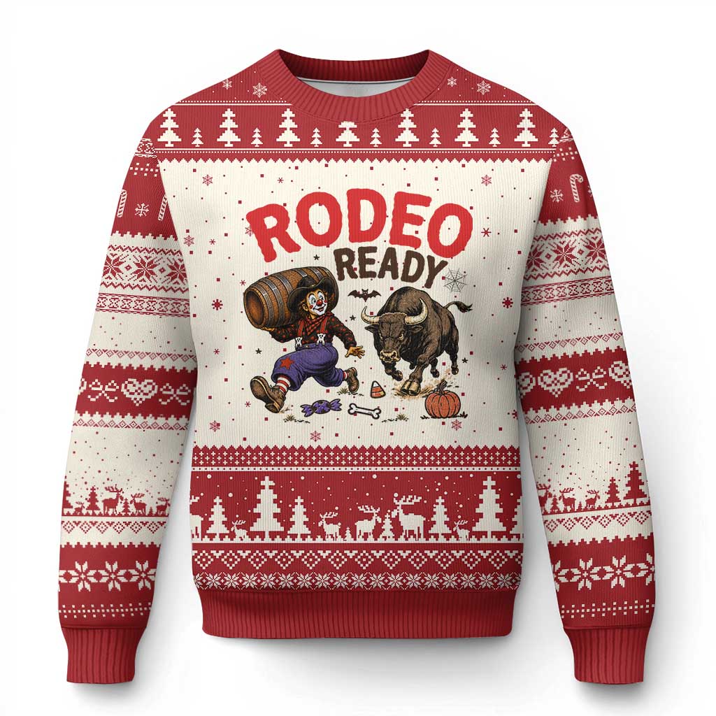 Rodeo Ready Clown Bull Chase Spooky Halloween Gift Ugly Christmas Sweater
