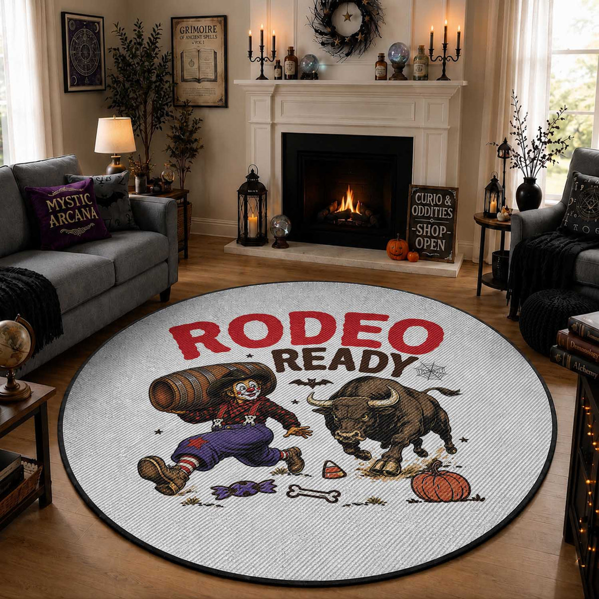 Rodeo Ready Clown Bull Chase Spooky Halloween Gift Round Rug