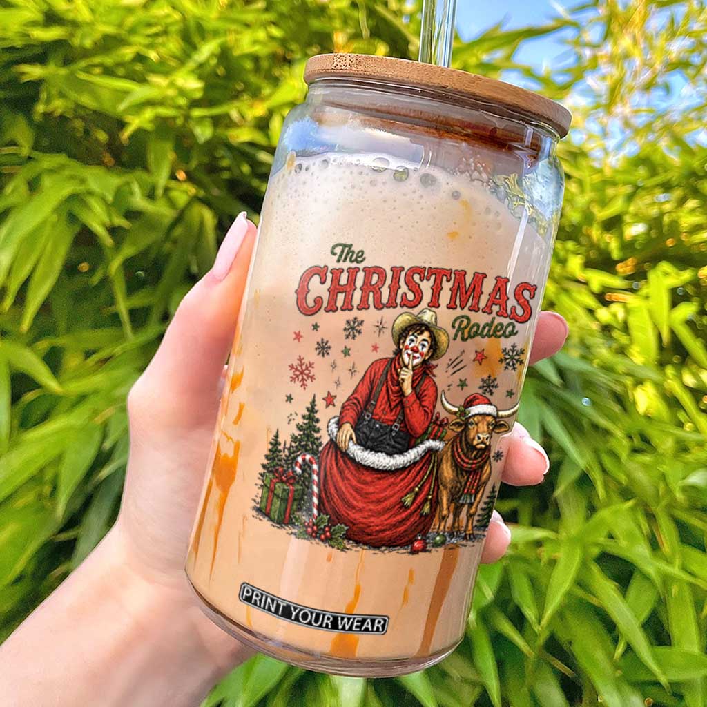 Christmas Rodeo Clown Santa Glass Can Funny Western Cowboy Holiday Gift