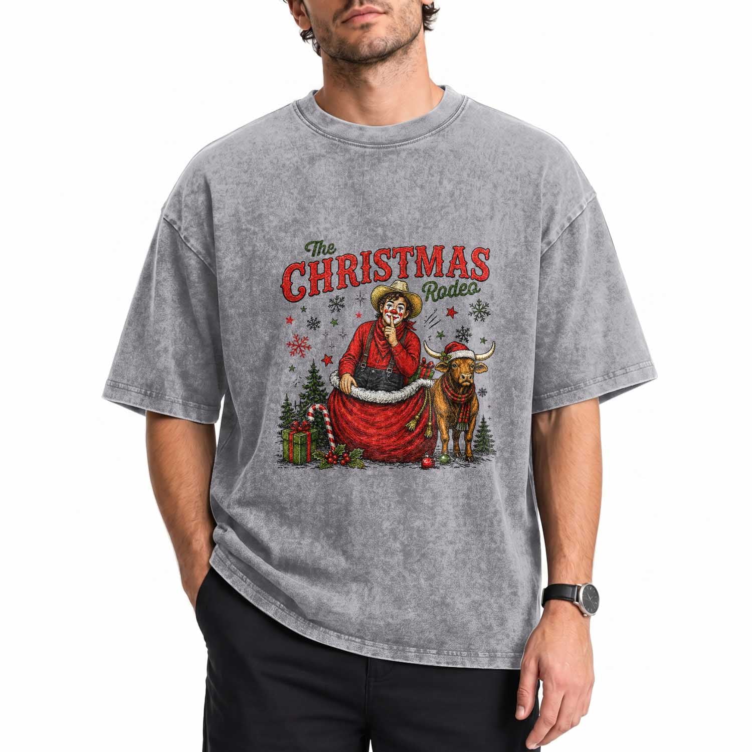 Christmas Rodeo Clown Santa Washed Cotton T-Shirt Funny Western Cowboy Holiday Gift