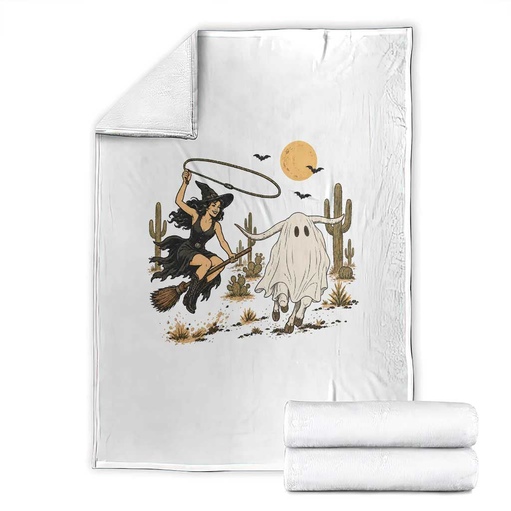 Witch Cowgirl Roping Ghost Longhorn Throw Blanket Spooky Western Halloween Rodeo Gift