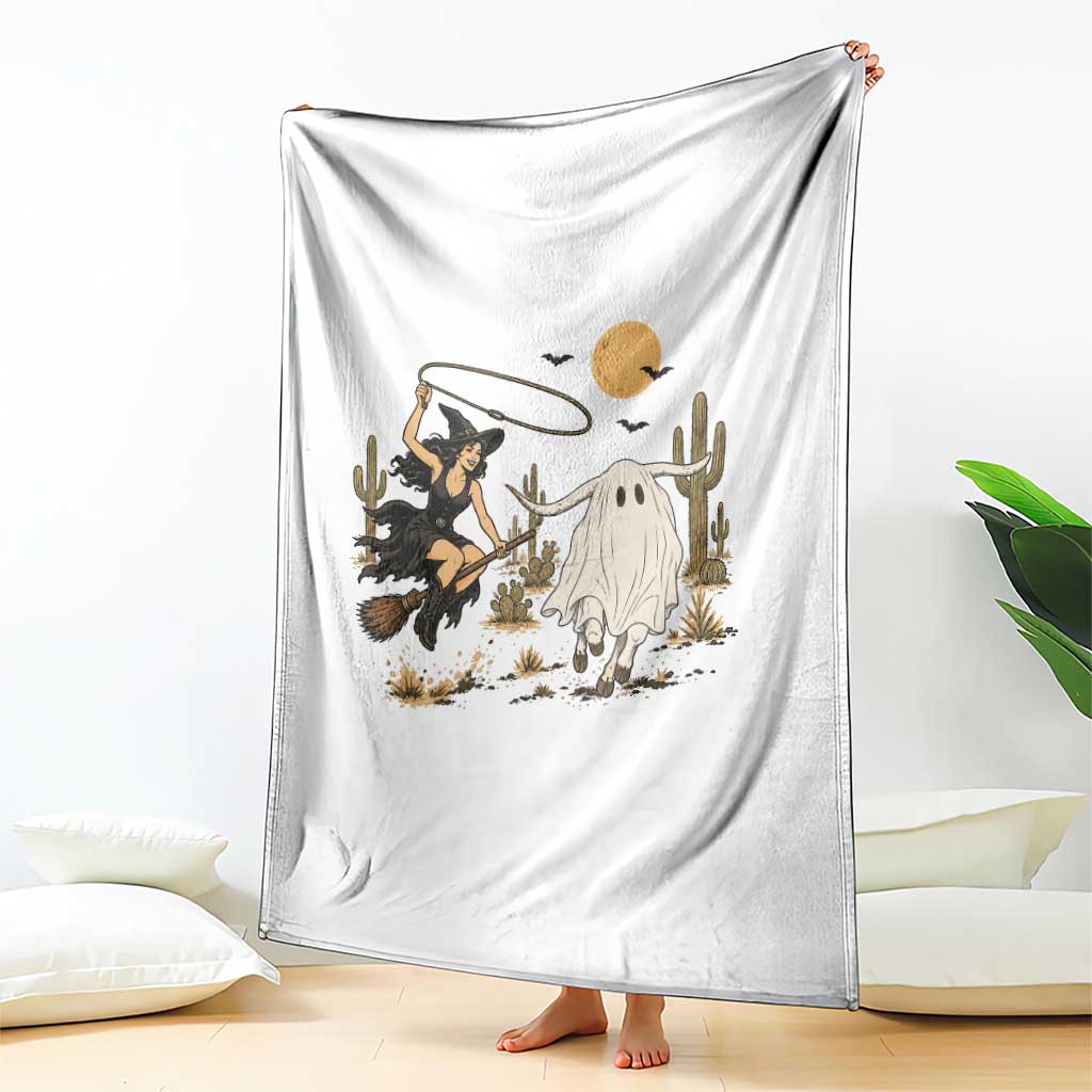 Witch Cowgirl Roping Ghost Longhorn Throw Blanket Spooky Western Halloween Rodeo Gift