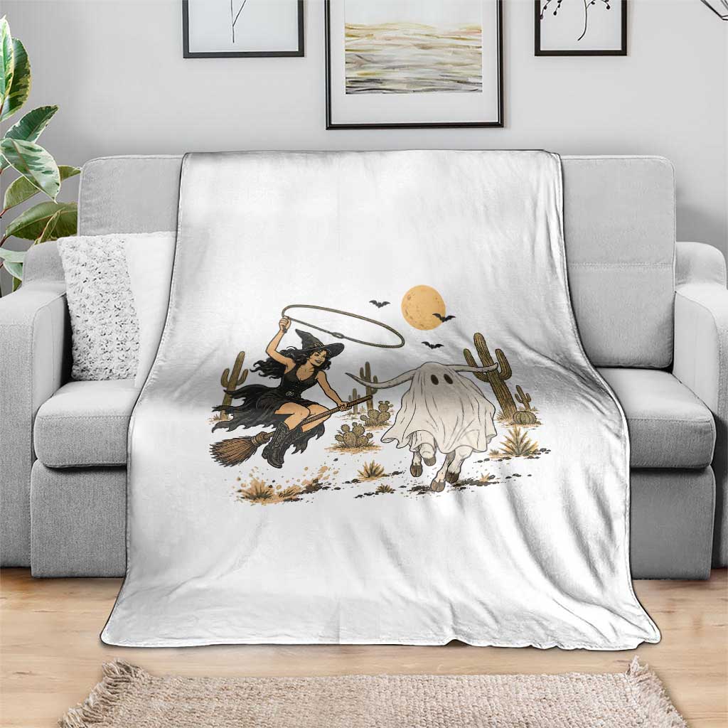 Witch Cowgirl Roping Ghost Longhorn Throw Blanket Spooky Western Halloween Rodeo Gift