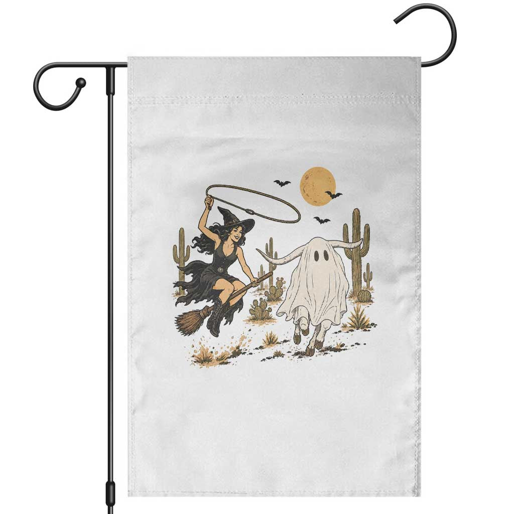 Witch Cowgirl Roping Ghost Longhorn Garden Flag Spooky Western Halloween Rodeo Gift