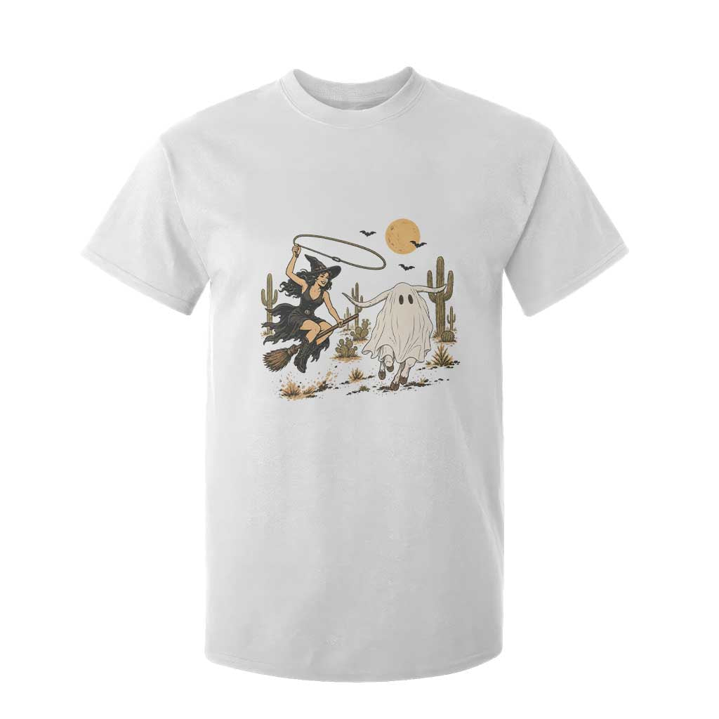 Witch Cowgirl Roping Ghost Longhorn T Shirt For Kid Spooky Western Halloween Rodeo Gift