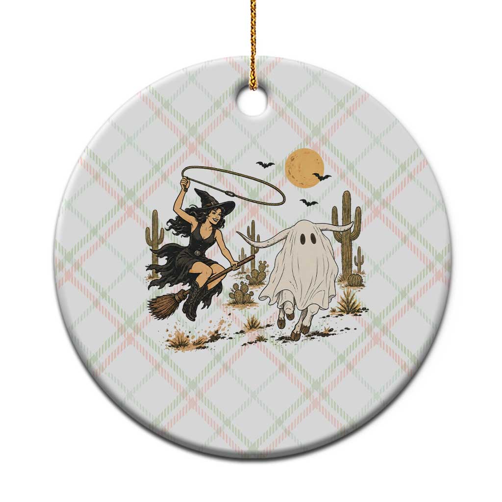 Witch Cowgirl Roping Ghost Longhorn Ceramic Ornament Spooky Western Halloween Rodeo Gift
