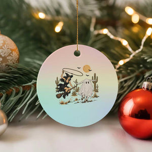 Witch Cowgirl Roping Ghost Longhorn Ceramic Ornament Spooky Western Halloween Rodeo Gift