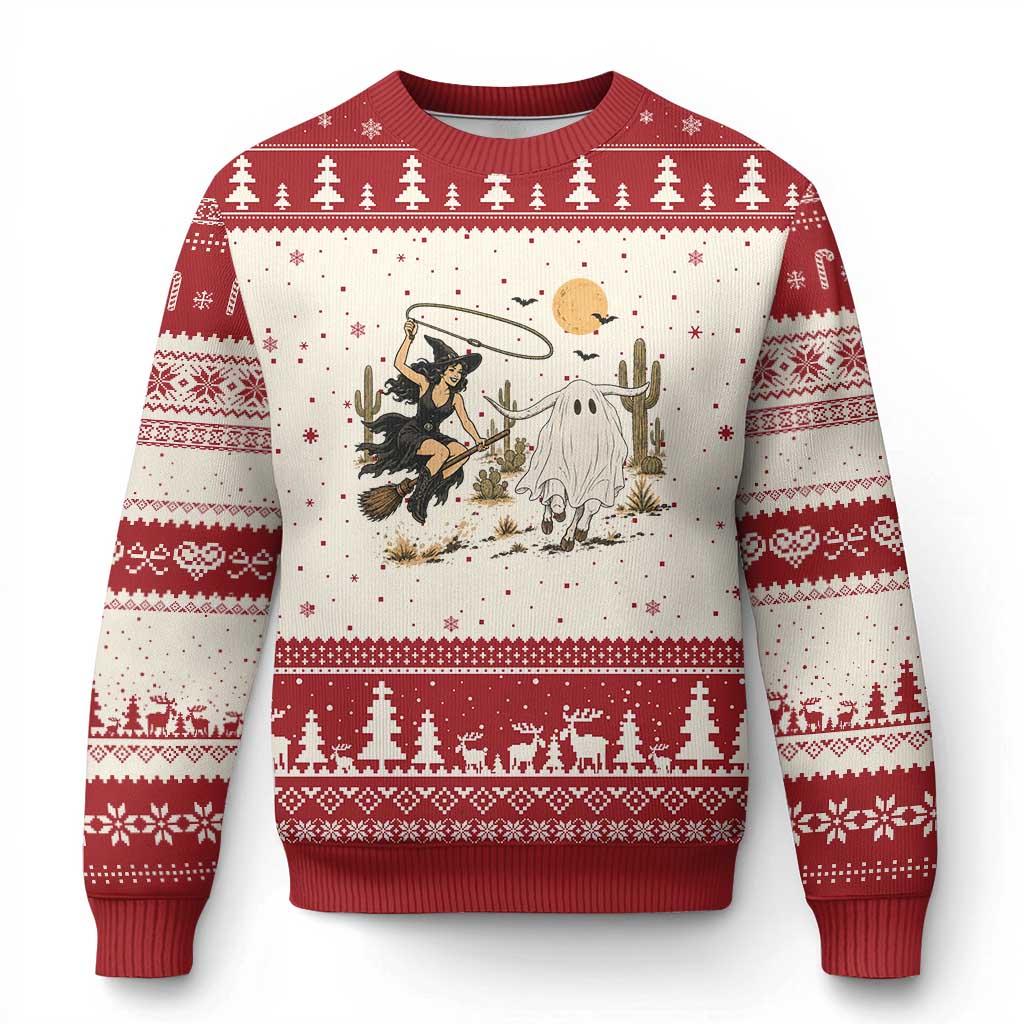 Witch Cowgirl Roping Ghost Longhorn Ugly Christmas Sweater Spooky Western Halloween Rodeo Gift