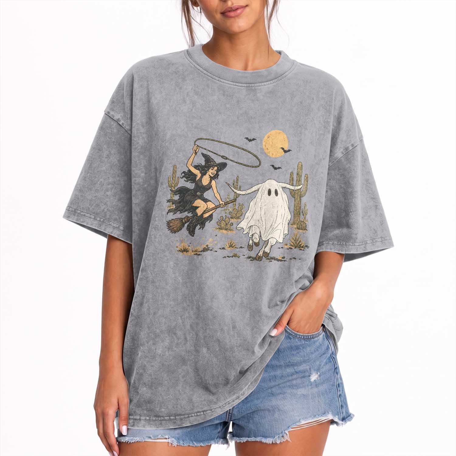 Witch Cowgirl Roping Ghost Longhorn Washed Cotton T-Shirt Spooky Western Halloween Rodeo Gift