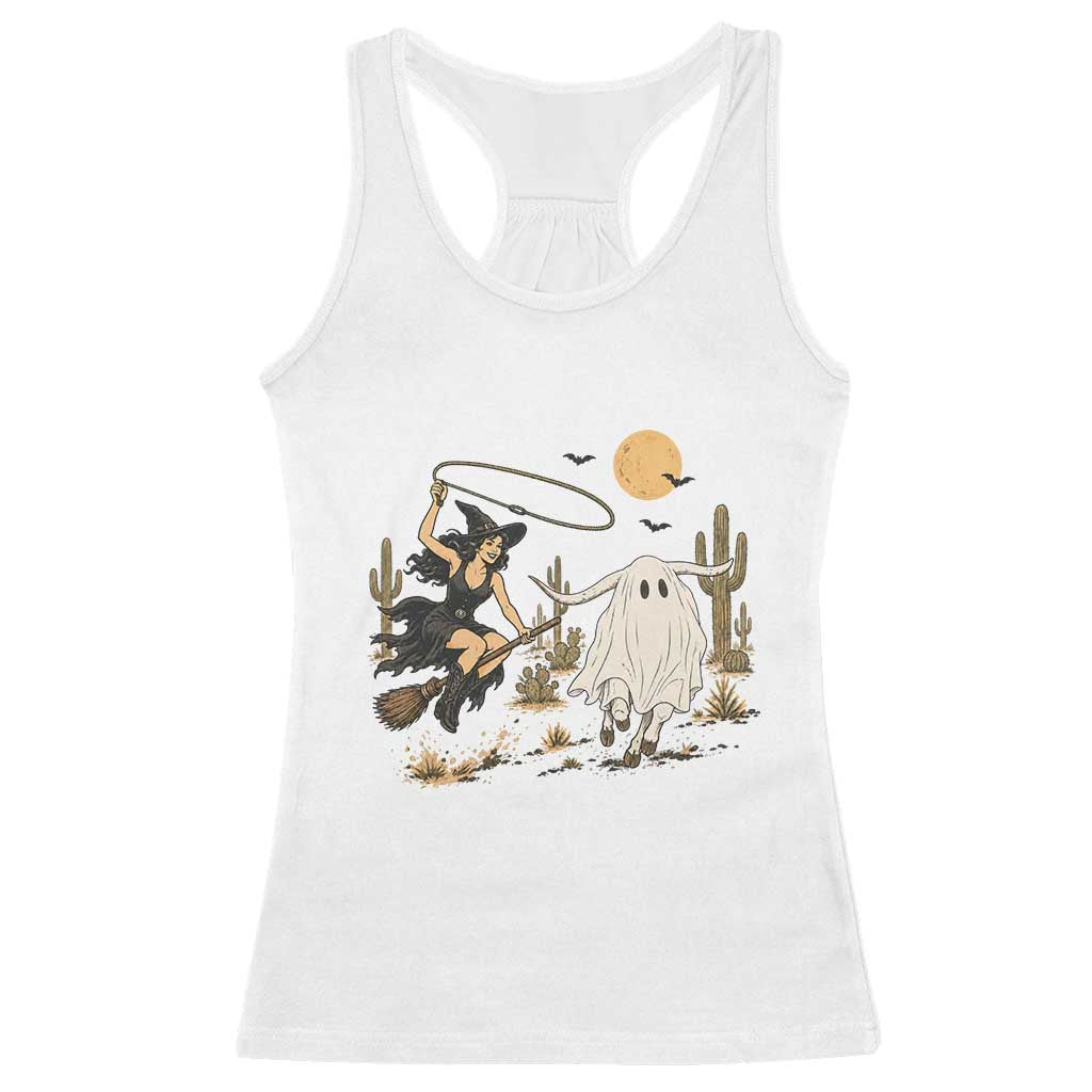 Witch Cowgirl Roping Ghost Longhorn Racerback Tank Top Spooky Western Halloween Rodeo Gift