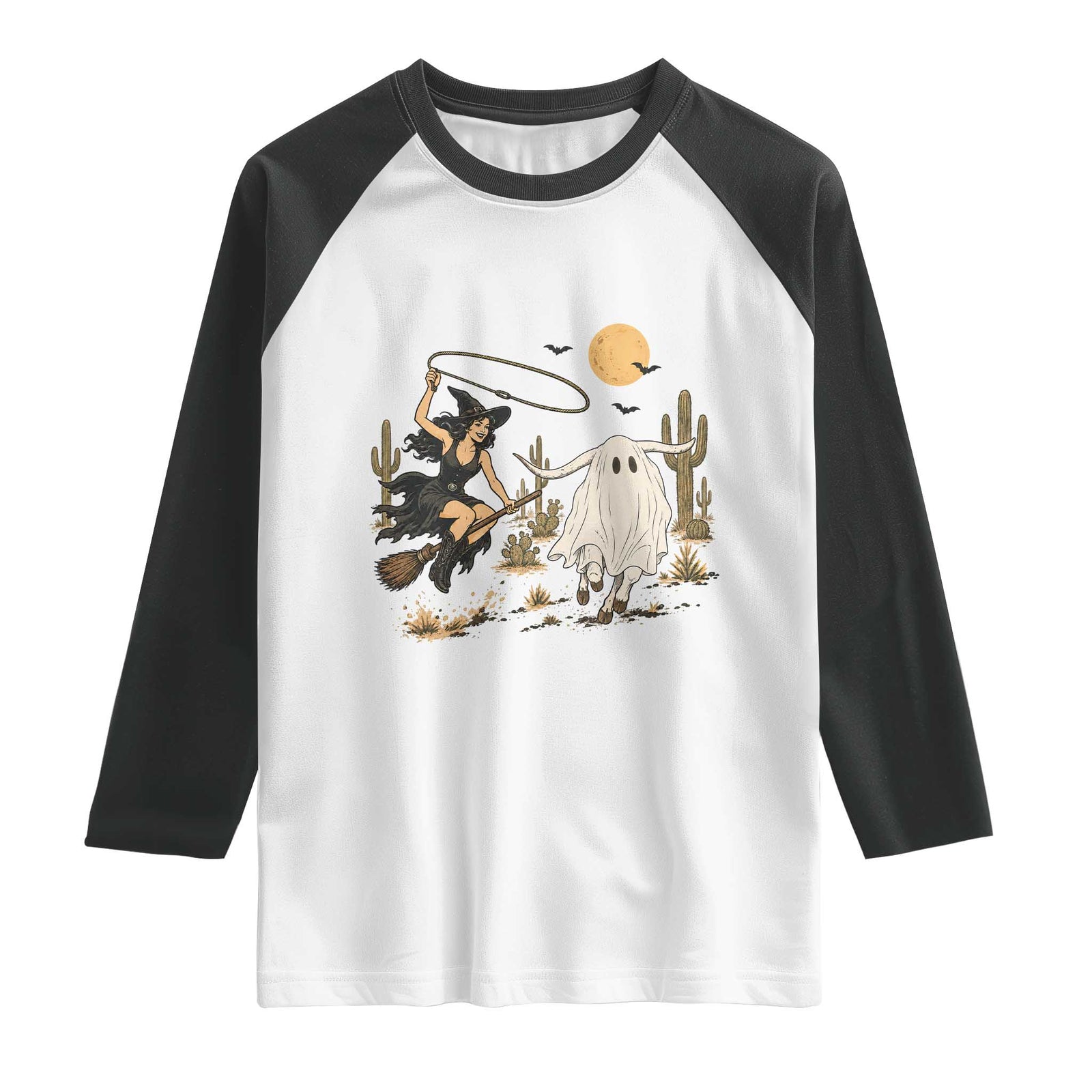 Witch Cowgirl Roping Ghost Longhorn Raglan Shirt Spooky Western Halloween Rodeo Gift