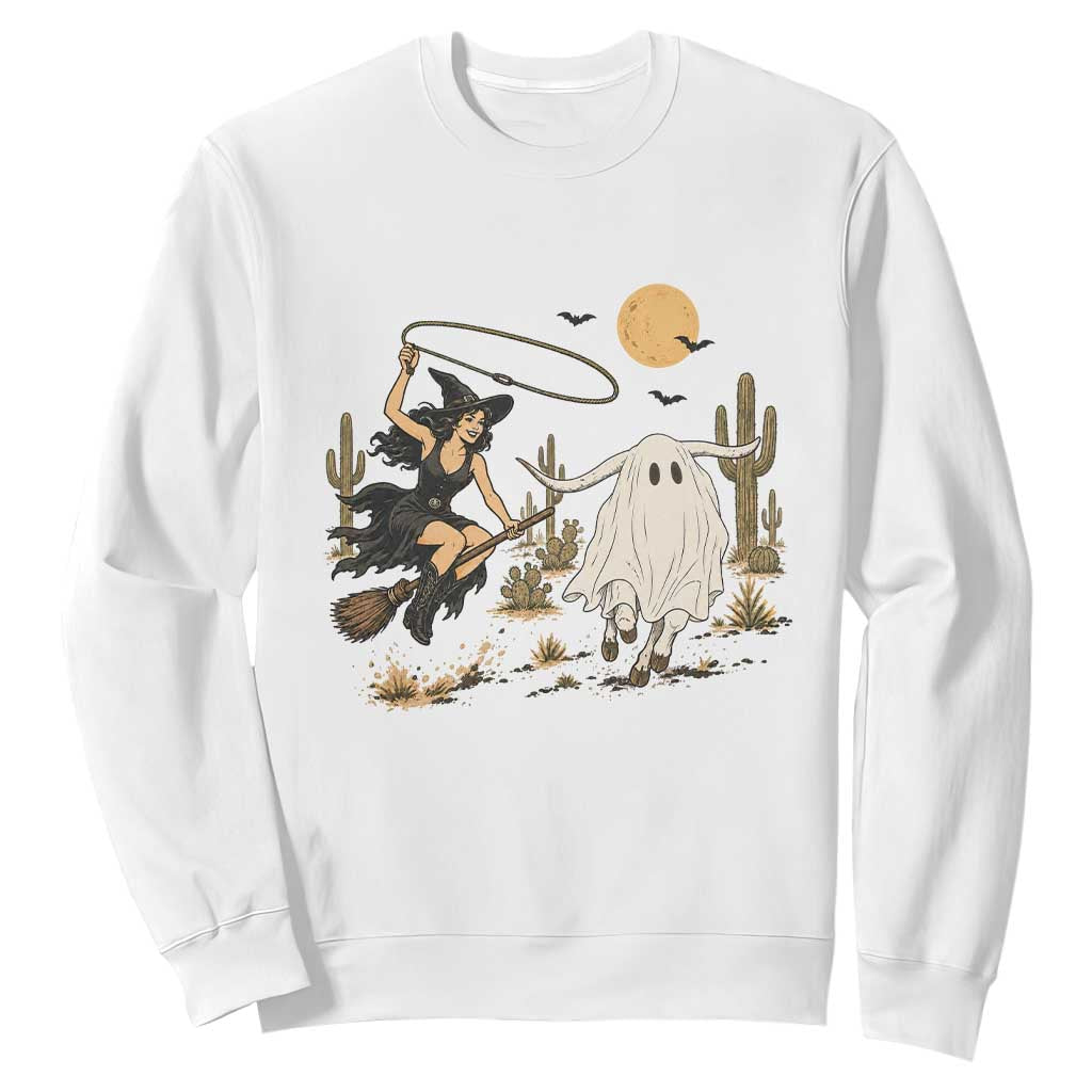 Witch Cowgirl Roping Ghost Longhorn Sweatshirt Spooky Western Halloween Rodeo Gift