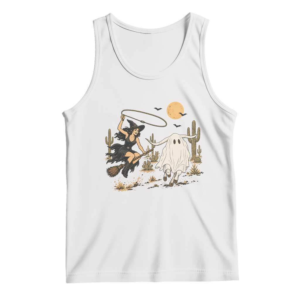 Witch Cowgirl Roping Ghost Longhorn Tank Top Spooky Western Halloween Rodeo Gift