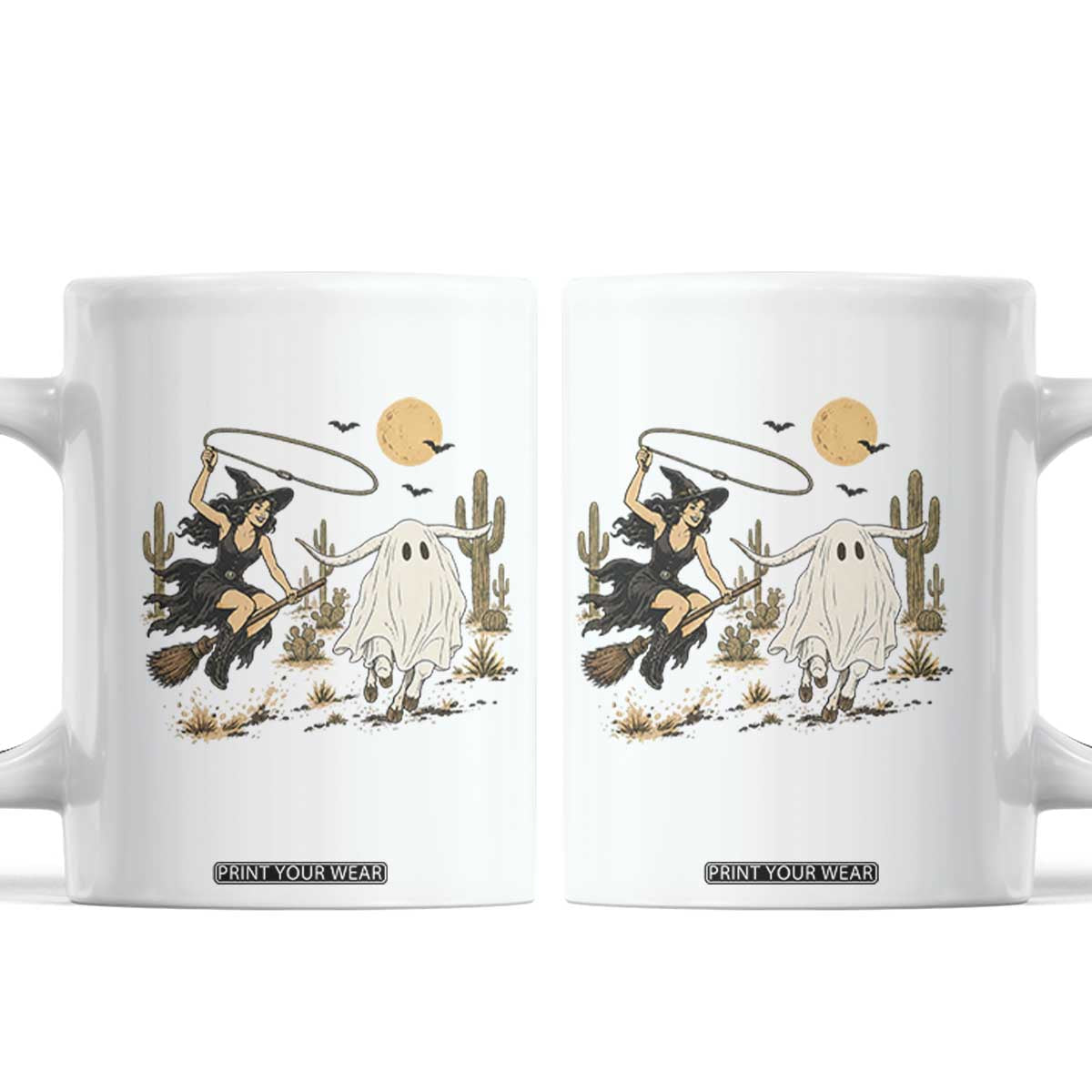 Witch Cowgirl Roping Ghost Longhorn Coffee Mug Spooky Western Halloween Rodeo Gift