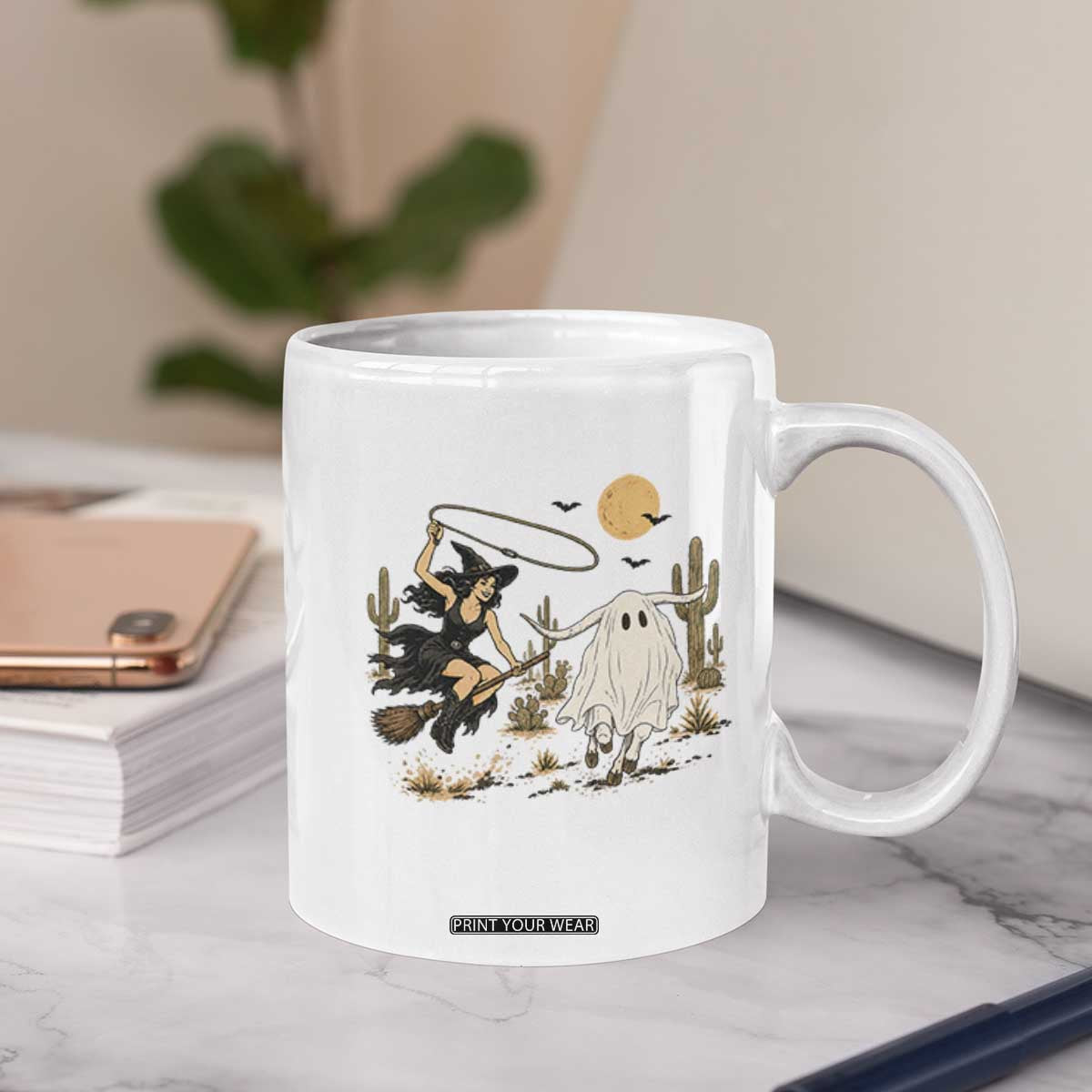 Witch Cowgirl Roping Ghost Longhorn Coffee Mug Spooky Western Halloween Rodeo Gift