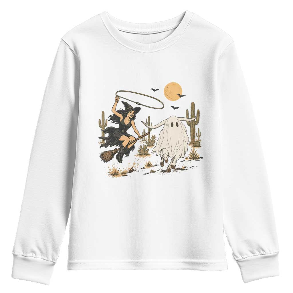 Witch Cowgirl Roping Ghost Longhorn Youth Sweatshirt Spooky Western Halloween Rodeo Gift